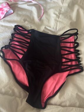 PINK Victoria's Secret Black and Pink High-Waist Strappy One-Piece Swimsuit